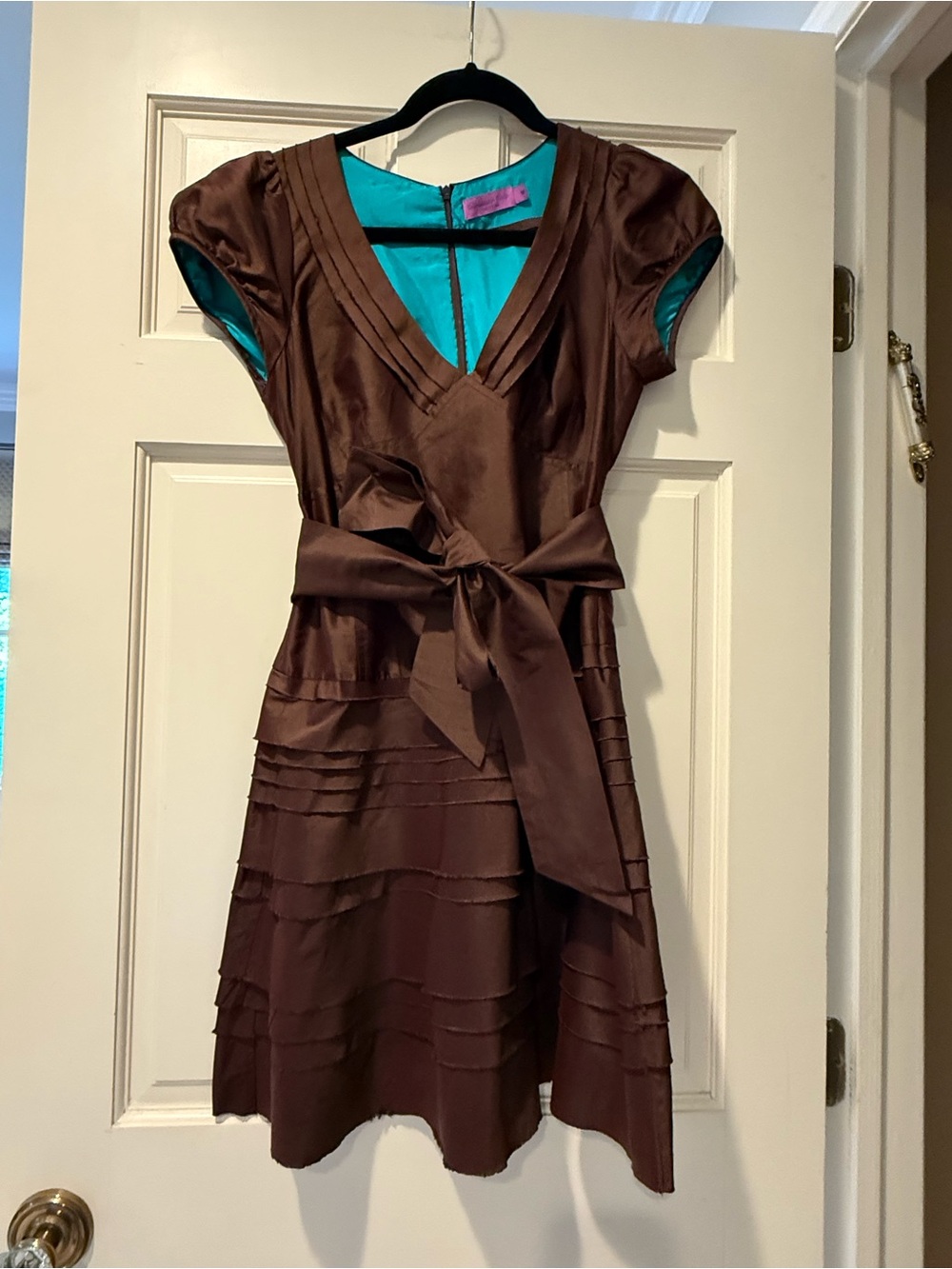 VINTAGE NWOT Calypso Brown Satin V-Neck Tie-Waist Mini Dress with Teal Lining